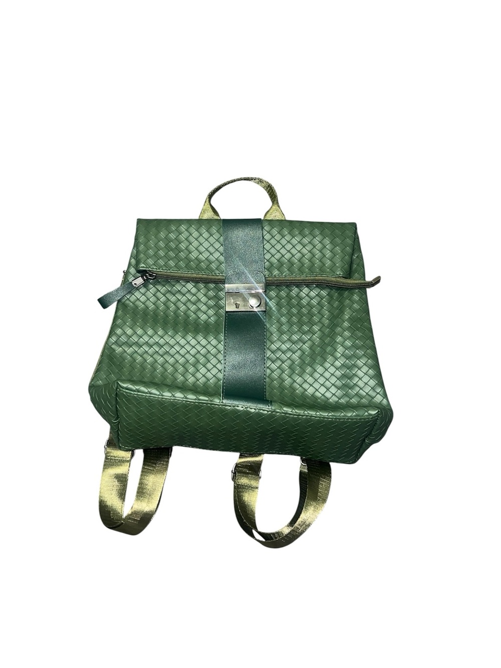 Green Woven Faux Leather Backpack Unisex Bag Accessory Sophisticated Boho Modern